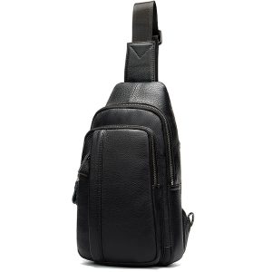 Men's Crossbody Bag Shoulder Bag Chest Bag Nappa Leather Cowhide Daily Zipper Solid Color Black
