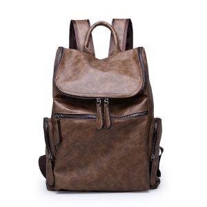 Men's Commuter Backpack Outdoor Daily Traveling Solid Color PU Leather Waterproof Zipper Black Brown